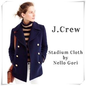 J Crew Stadium Cloth by Nello Gori Wool Blend Classic Pea Coat Navy Blue Sz 0